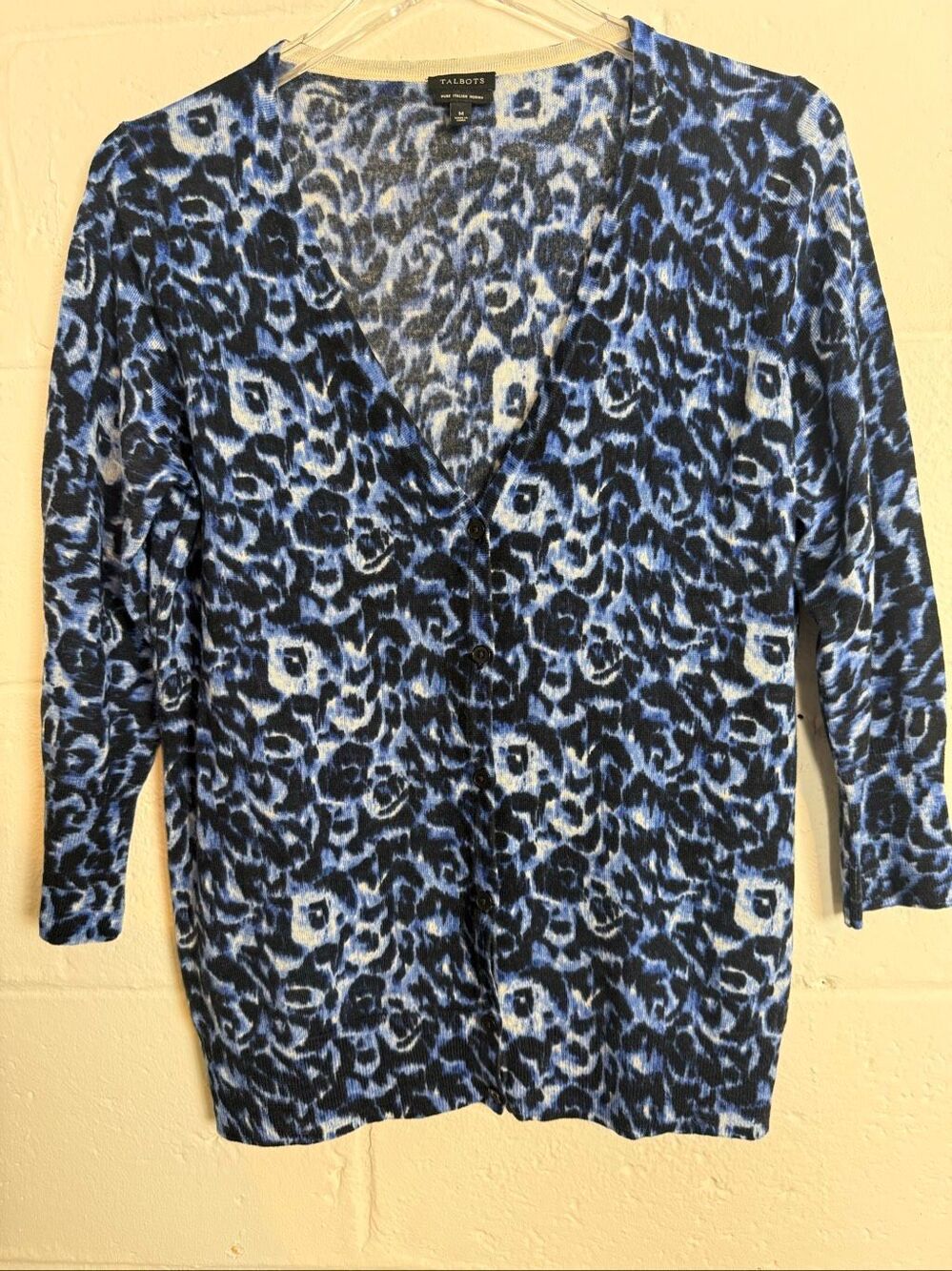 Talbots Women’s M Pure Italian Merino Wool Cardigan Blue Floral Print Preppy Cla